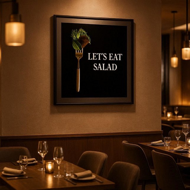 Póster Comida de ensalada moderna en tenedor negro  (Contemporary salad poster for home dining spaces or upscale restaurant interiors)