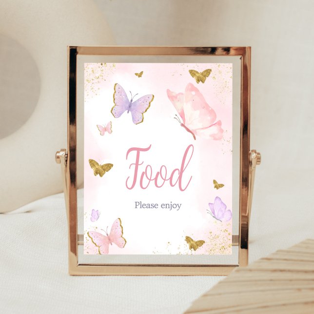 Póster Comida de primavera de mariposa dorada rosa (Purple Gold Butterfly Baby Shower Food Sign)