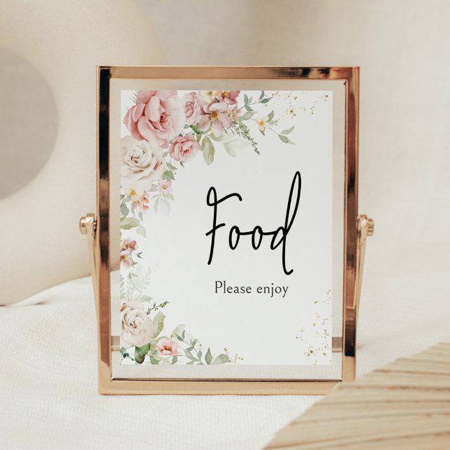 Póster Comida Dusty Rosa Floral Baby Shower (Dusty Pink Floral Greenery Baby Shower Food Sign)