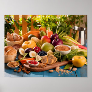 Póster Comida saludable en mesa de madera rústica