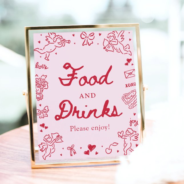 Póster Comida y Bebidas Modernas de San Valentín Dibujada (Pink Hand Drawn Modern Valentine Food and Drinks Sign)