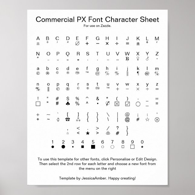 Póster Commercial PX Font Character Sheet for Zazzle (Frente)
