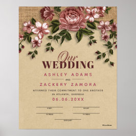 Póster Commitment Wine Floral Lace Wedding Certificate