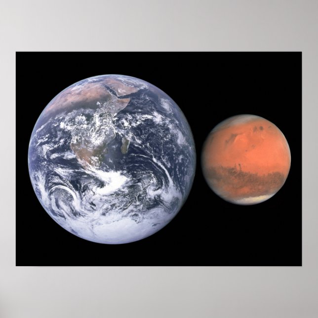 Póster Comparación del tamaño de la Tierra y Marte Espaci (Frente)
