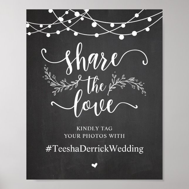 Póster Comparte el amor, hashtag Boda, chalkboard (Frente)