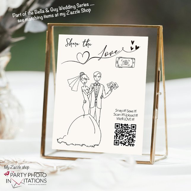 Póster Comparte el Rótulo de fotos del Boda de código QR  (Bella and Guy hand drawn SHARE the LOVE sign)