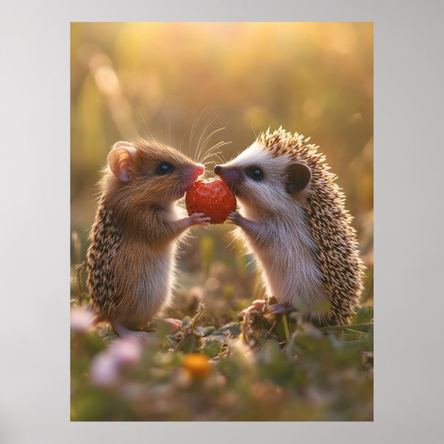 Póster Compartiendo fresa - Adorable Erizo y Ratón (Frente)