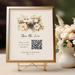 Póster Compartir el Amor Cámara Vintage Código QR Boda