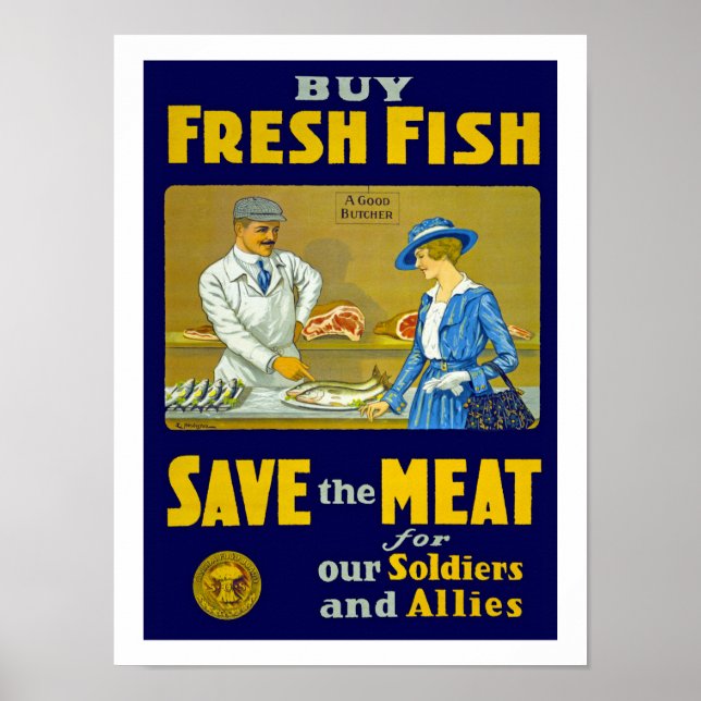 Póster Comprar pescado fresco ~ Guardar carne (Frente)