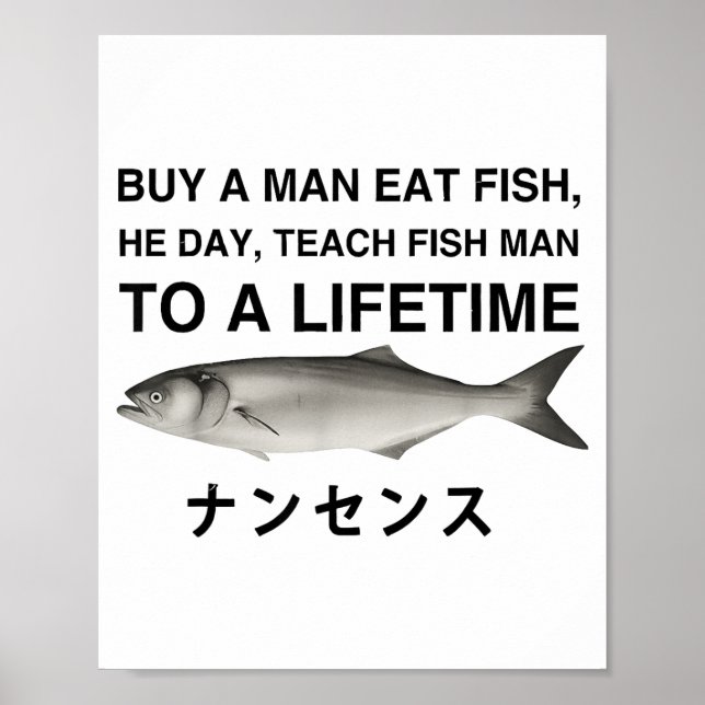 Póster Comprar un hombre comer pescado él día enseñar pes (Frente)