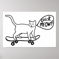 Comprobar Meowt Punny Skateboarding Cat Blanco Neg