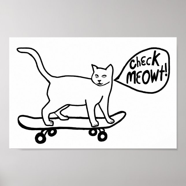 Póster Comprobar Meowt Punny Skateboarding Cat Blanco Neg (Frente)