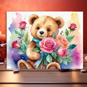 Póster con estampado de oso de peluche con rosas e