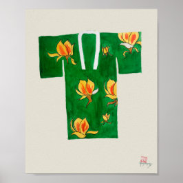 Póster con nagajuban japonés verde y dorado