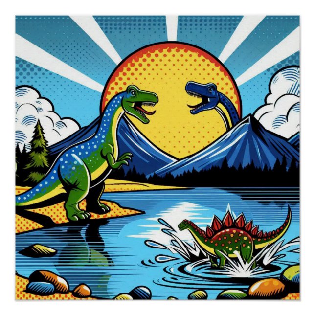 Poster con paisaje de dinosaurios (Anverso)