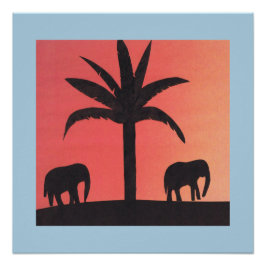 Poster con siluetas de elefantes y una palmera