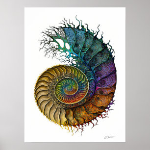 Póster Concepto de fósil amonita en colores vivos de tint