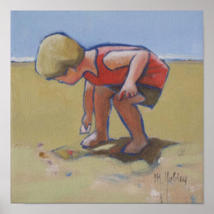 Póster Concha de un niño de la playa de arena buscando