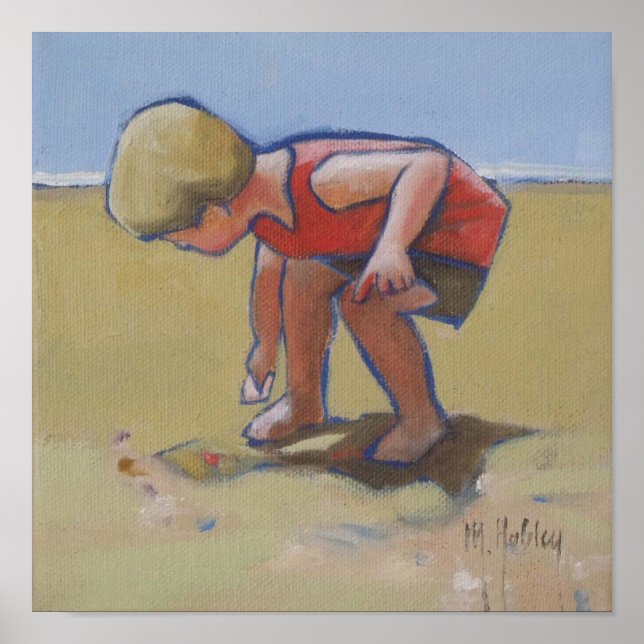 Póster Concha de un niño de la playa de arena buscando (Frente)