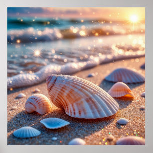 Póster Conchas de mar en arena con olas de océano brillan