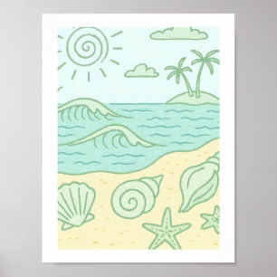 Póster Conchas de Playa Retro Costera Océano Tropical Sol