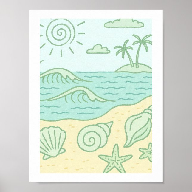 Póster Conchas de Playa Retro Costera Océano Tropical Sol (Frente)
