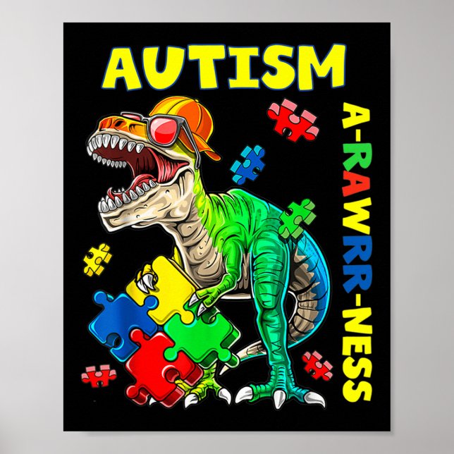 Póster Conciencia del autismo Dino Niño autista Niños Cut (Frente)