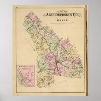 Póster Condado de Androscoggin, Mapa Maine