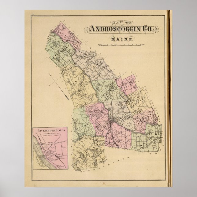 Póster Condado de Androscoggin, Mapa Maine (Frente)