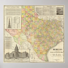 Póster Condado de Gran Escala y Mapa Ferroviario de Texas