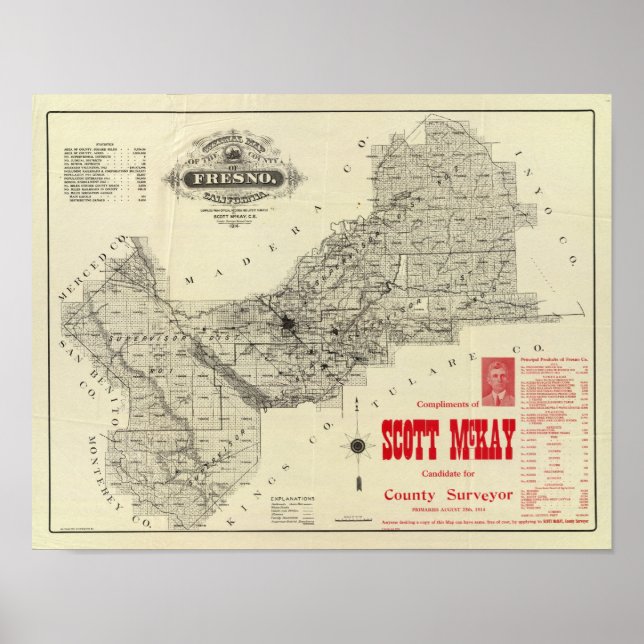 Póster Condado de Map Fresno, California (Frente)