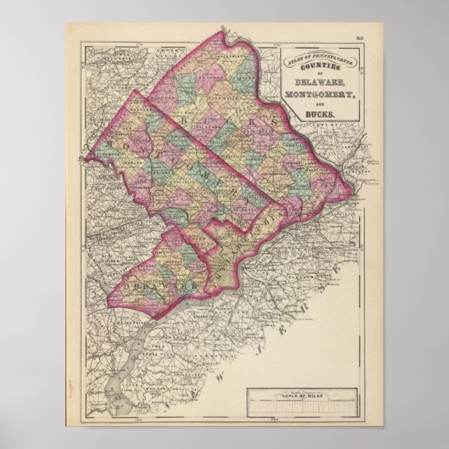 Póster Condados de Delaware, Montgomery y Bucks (Frente)