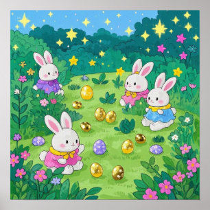 Póster conejillos personalizados escondiendo huevos en un