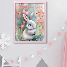 Póster Conejito adorable con flores de primavera en acuar
