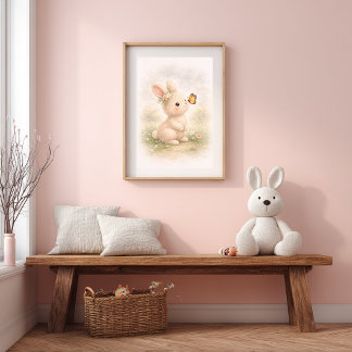 Póster Conejito Adorable Con Mariposa Sala Neutral Para N