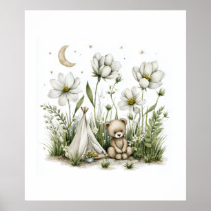 Póster Conejito Adorable de Acuarela con Luna y Estrellas