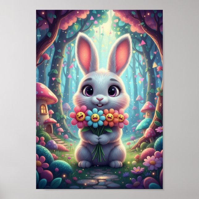 Póster Conejito adorable del bosque cartel feliz de flore (Frente)