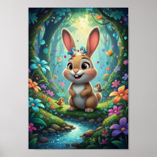 Póster Conejito adorable del bosque con cartel de pájaros