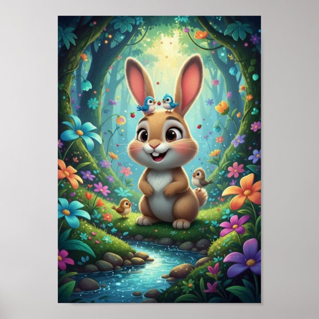 Póster Conejito adorable del bosque con cartel de pájaros (Frente)