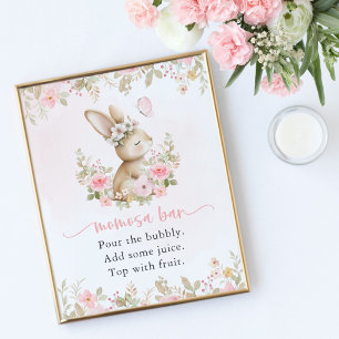 Póster Conejito Adorable, Mariposa, Flores Rosadas, Barra