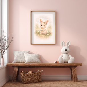 Póster Conejito Adorable Sosteniendo una Flor Neutral par