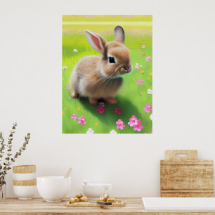 Póster Conejito bebé lindo en una pradera de flores 