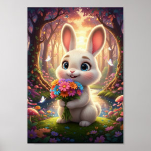 Póster Conejito de bosque adorable con ramo de flores 