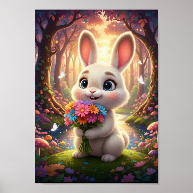 Póster Conejito de bosque adorable con ramo de flores  (Frente)