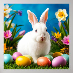 Póster Conejito de Pascua adorable con huevos coloridos