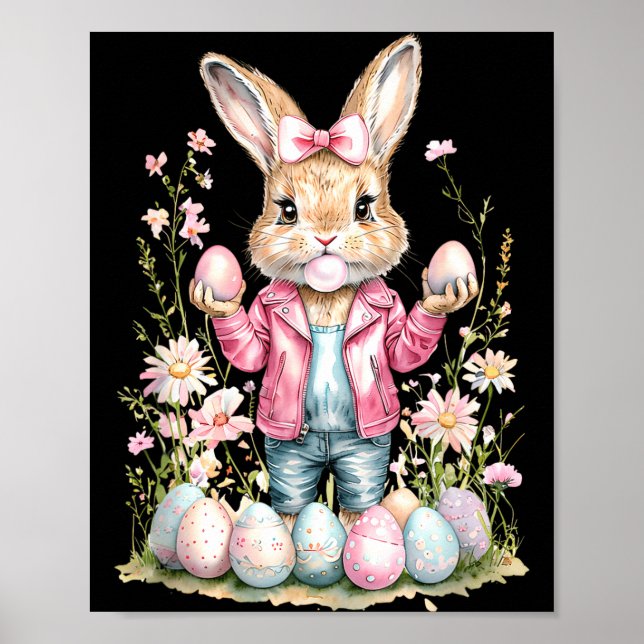 Póster Conejito de Pascua Lindo Conejo con Cinta Rosa (Frente)
