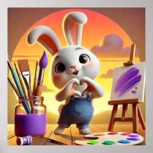 Póster Conejito lindo con suministros de pintura al atard