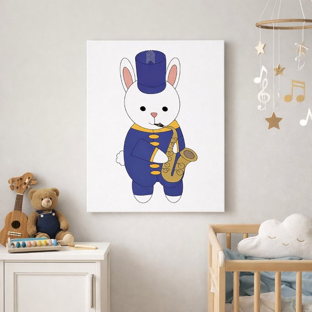 Póster Conejito lindo de la banda de marcha tocando el sa (A poster featuring a rabbit with a saxophone in a blue and gold marching band uniform.)