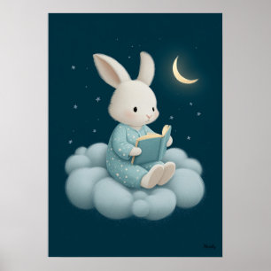 Póster Conejito Lindo Leyendo en la Nube Guardería Hora d