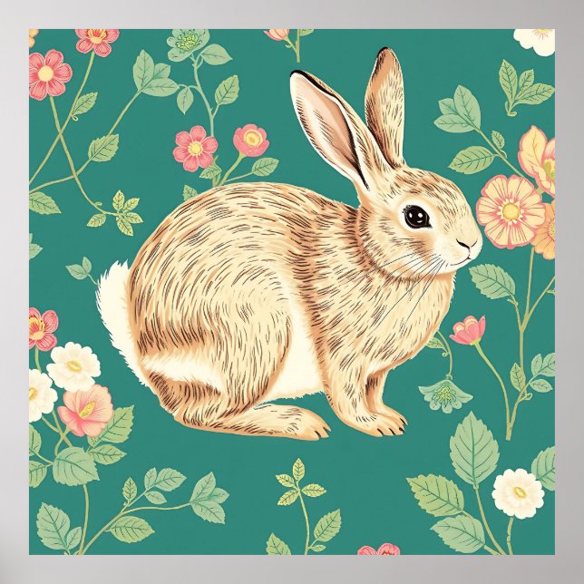 Póster Conejito Lindo Patrón Floral Turquesa (Frente)